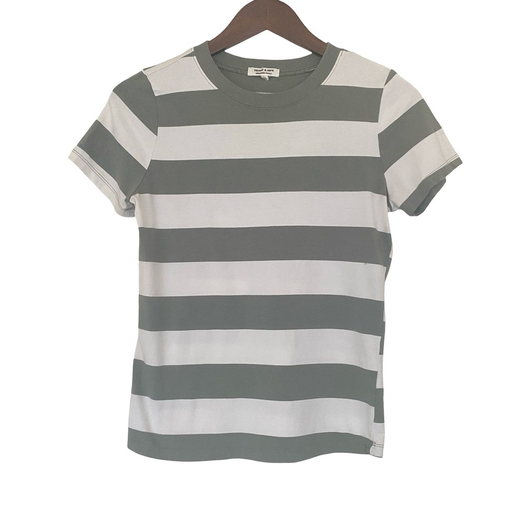 Heart & Hips Women T-Shirt XL Green White Striped Short Sleeve Crew Neck Tee